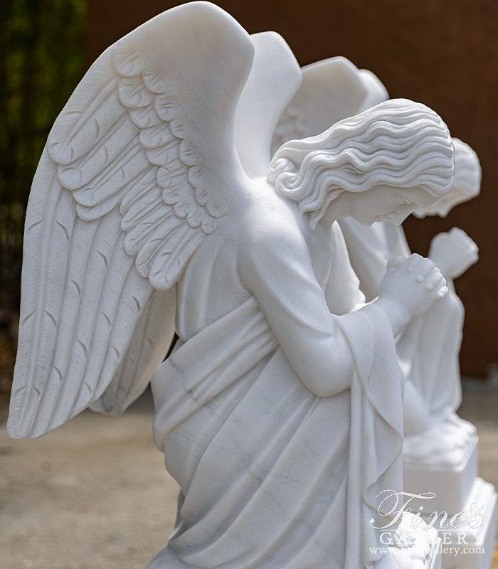 Marble Memorials  - Kneeling Praying Angel Pair In Statuary Marble - MEM-533