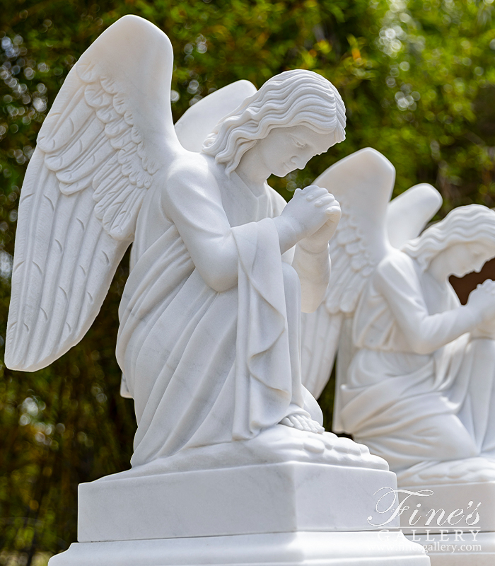 Marble Memorials  - Kneeling Praying Angel Pair In Statuary Marble - MEM-533