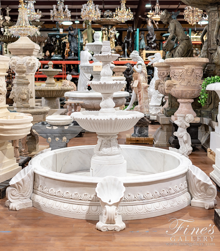 Marble Fountains  - White Marble Fountain With Elaborate Cornicopia Shell Pool Surround - MF-1782