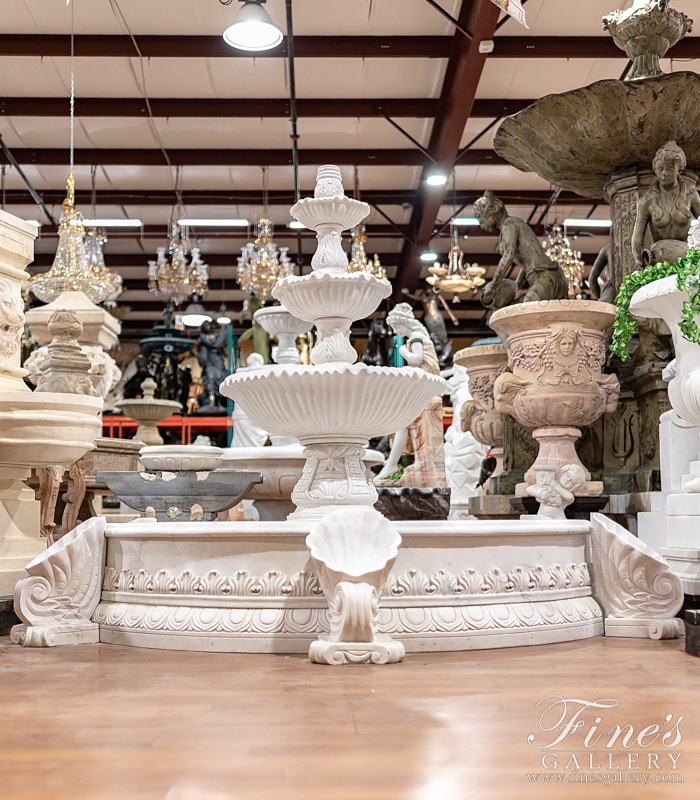 Marble Fountains  - White Marble Fountain With Elaborate Cornicopia Shell Pool Surround - MF-1782