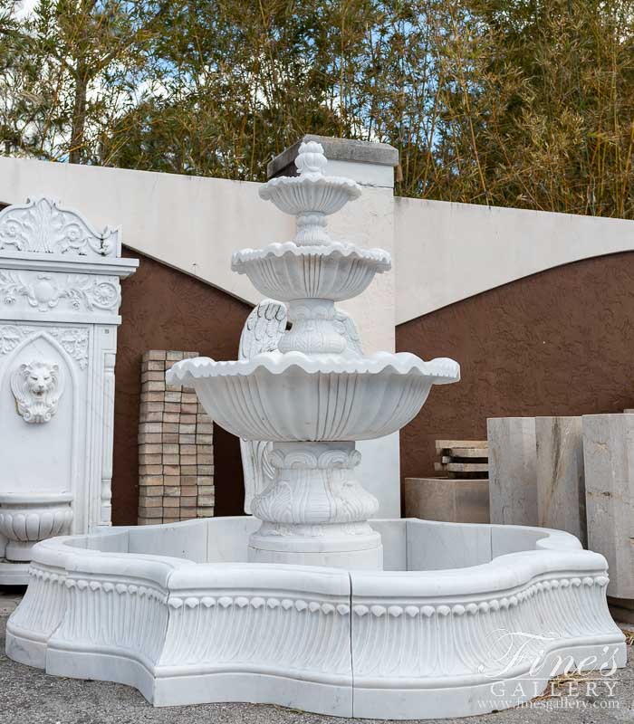 Marble Fountains  - Elaborate Fountain And Matching Pool Basin In Elegant White Marble - MF-2129