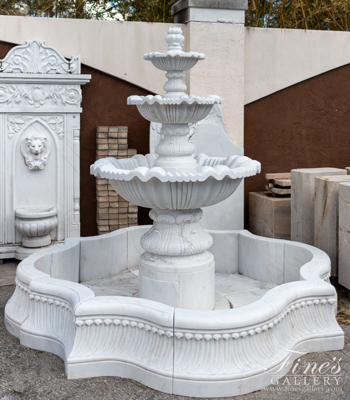 Marble Fountains  - Elaborate Fountain And Matching Pool Basin In Elegant White Marble - MF-2129