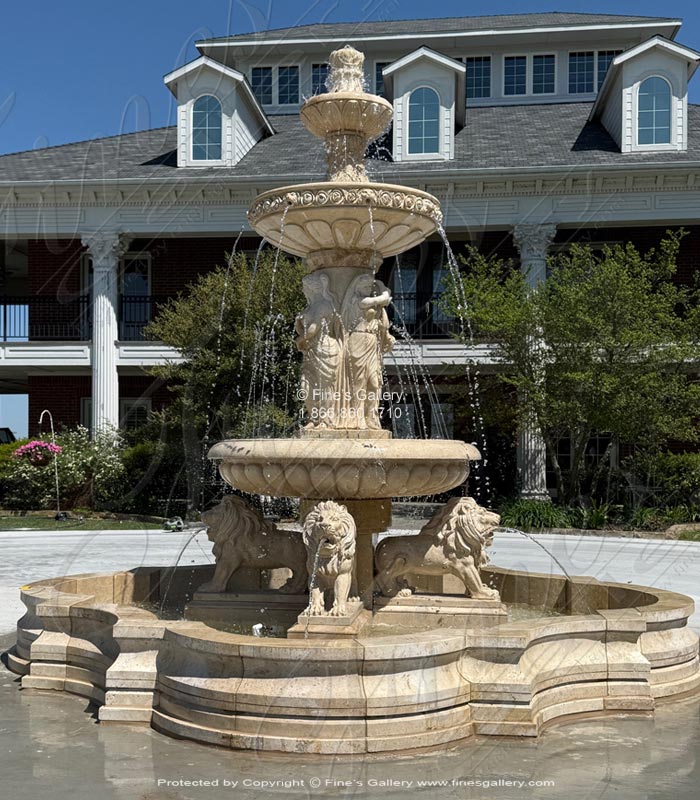 Marble Fountains  - Roman Ladies And Lions Fountain In Classic Light Travertine - MF-2151