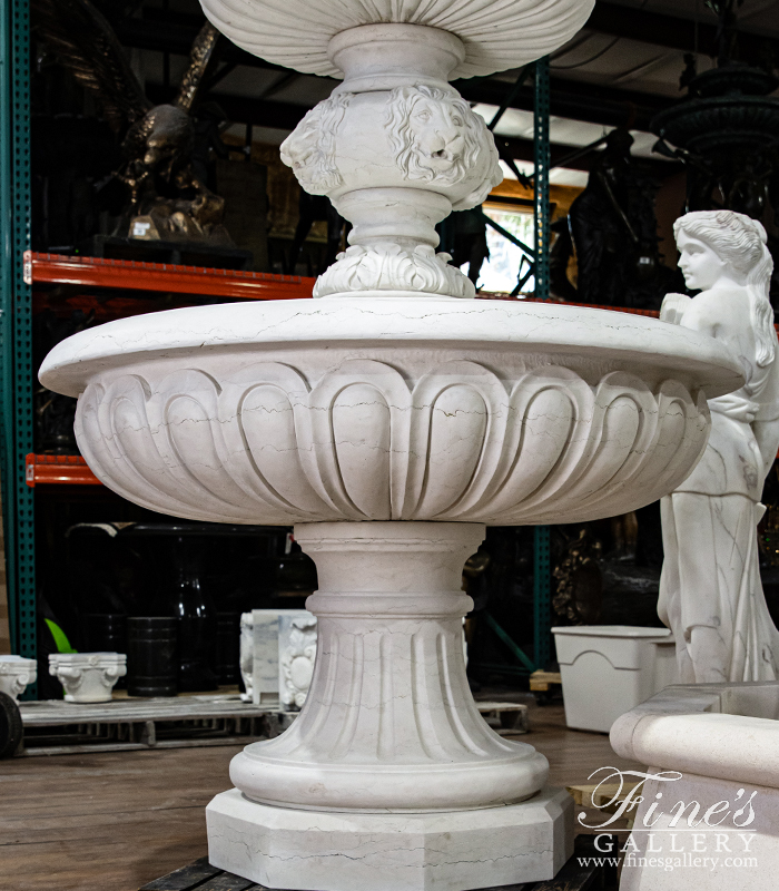 Marble Fountains  - A Tiered Lion Head Themed Fountain In Italian Bianco Perlino Marble - MF-2172