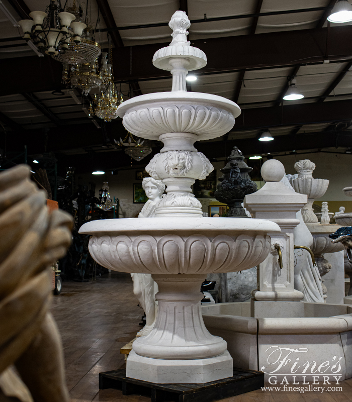 Marble Fountains  - A Tiered Lion Head Themed Fountain In Italian Bianco Perlino Marble - MF-2172