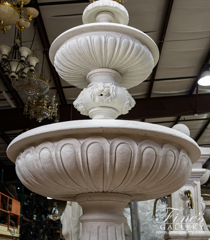 Marble Fountains  - A Tiered Lion Head Themed Fountain In Italian Bianco Perlino Marble - MF-2172