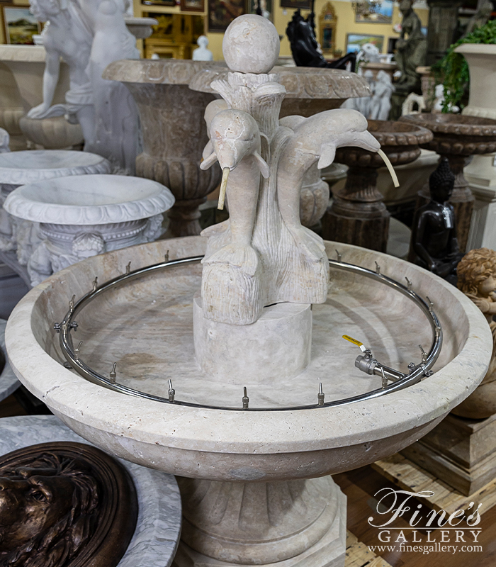 Marble Fountains  - Dolphin Themed Fountain In Hand Carved Light Travertine - MF-2192