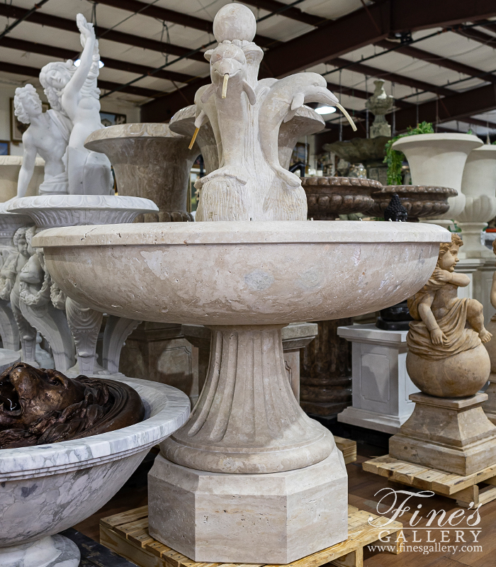 Marble Fountains  - Dolphin Themed Fountain In Hand Carved Light Travertine - MF-2192