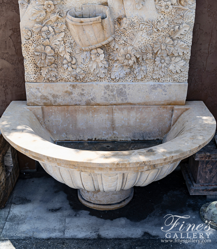 Marble Fountains  - Cherub, Floral And Vine Relief Style Wall Fountain In Miele Verona Limestone - MF-791