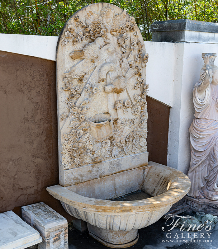 Marble Fountains  - Cherub, Floral And Vine Relief Style Wall Fountain In Miele Verona Limestone - MF-791