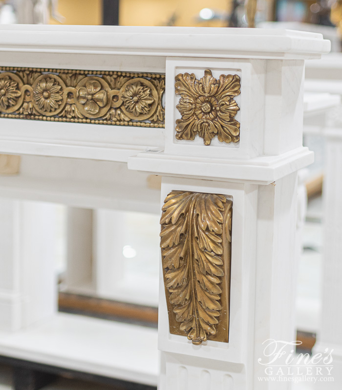 Marble Fireplaces  - Statuary White Marble Louis XV Mantel With Bronze Scrollwork - MFP-2044