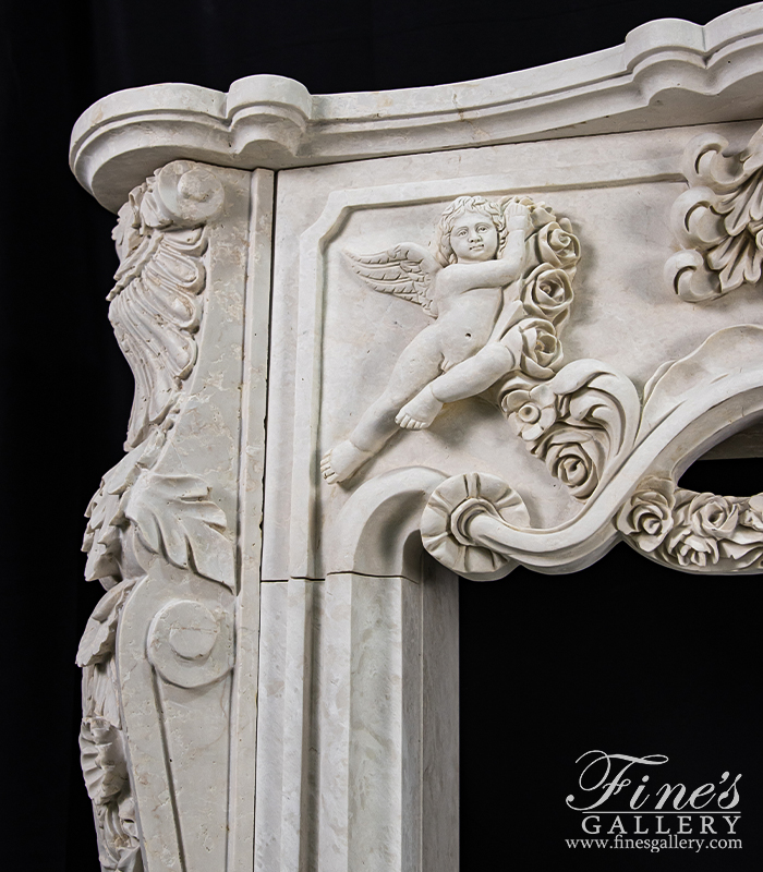 Marble Fireplaces  - Winged Cherubs Carved Marble Mantel In Botticino Forito Italian Marble - MFP-2132