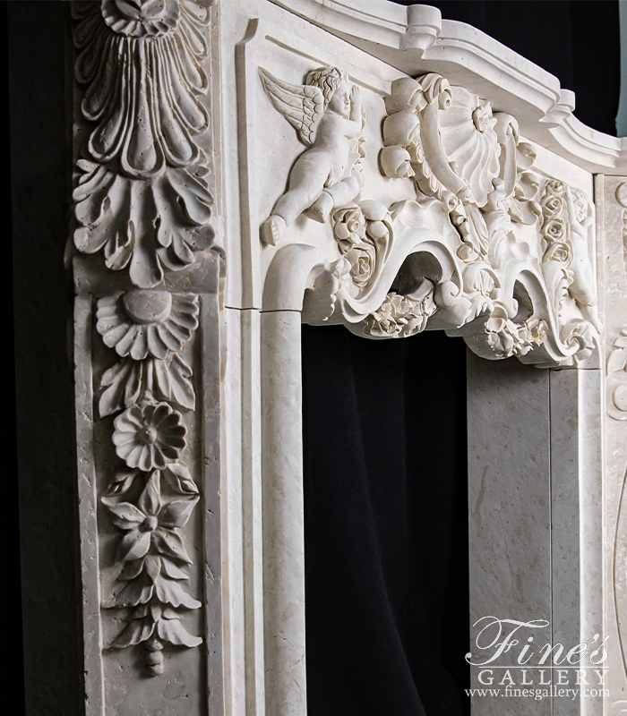 Marble Fireplaces  - Winged Cherubs Carved Marble Mantel In Botticino Forito Italian Marble - MFP-2132