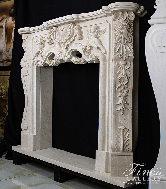 Marble Fireplaces  - Winged Cherubs Carved Marble Mantel In Botticino Forito Italian Marble - MFP-2132