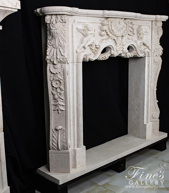 Marble Fireplaces  - Winged Cherubs Carved Marble Mantel In Botticino Forito Italian Marble - MFP-2132