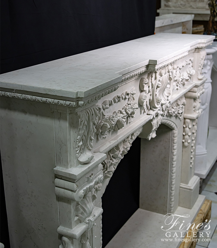 Marble Fireplaces  - Ornate Rose Garland Mantel In Italian Bianco Perlino Marble - MFP-2171