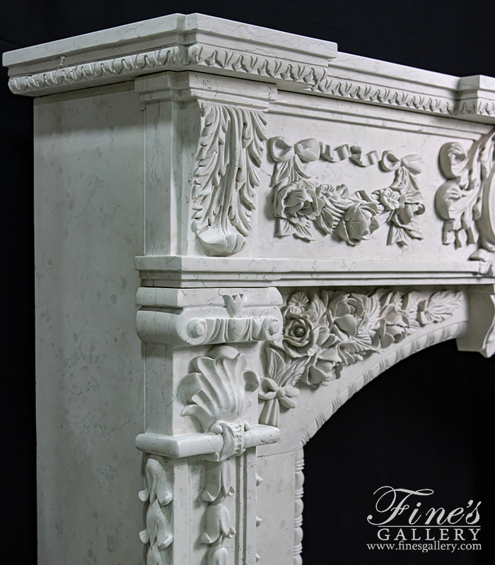 Marble Fireplaces  - Ornate Rose Garland Mantel In Italian Bianco Perlino Marble - MFP-2171