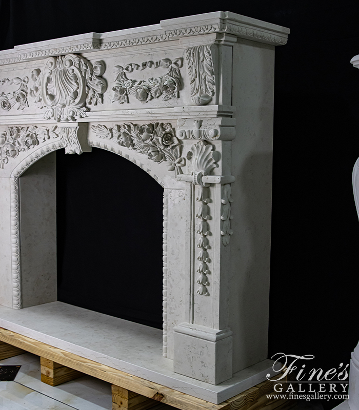 Marble Fireplaces  - Ornate Rose Garland Mantel In Italian Bianco Perlino Marble - MFP-2171