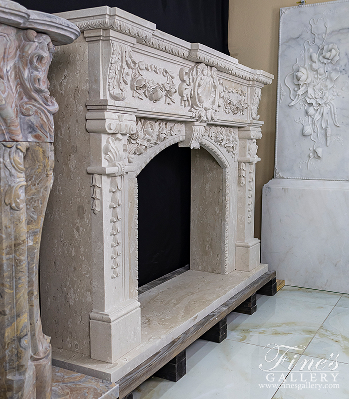 Marble Fireplaces  - Lavish Floral Garland Italian Perlato Marble Fireplace Mantel - MFP-2262