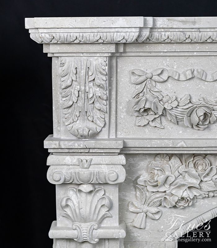 Marble Fireplaces  - Lavish Floral Garland Italian Perlato Marble Fireplace Mantel - MFP-2262
