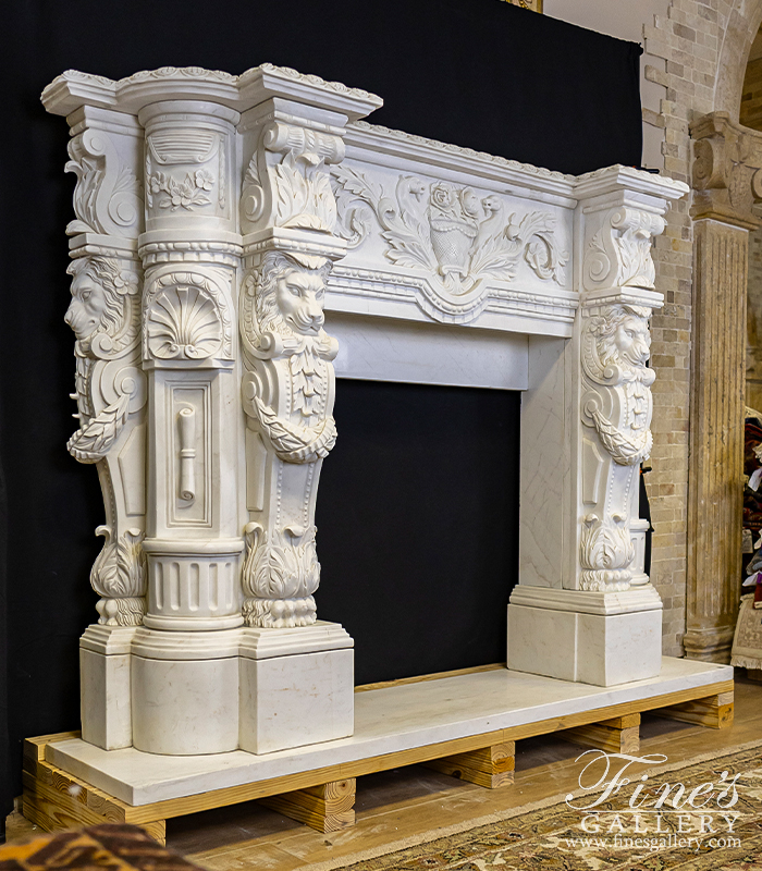 Marble Fireplaces  - Elaborate Carved Marble Lions Fireplace Mantel - MFP-2468