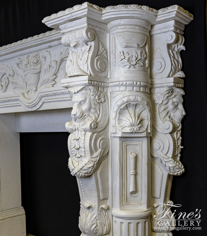 Marble Fireplaces  - Elaborate Carved Marble Lions Fireplace Mantel - MFP-2468