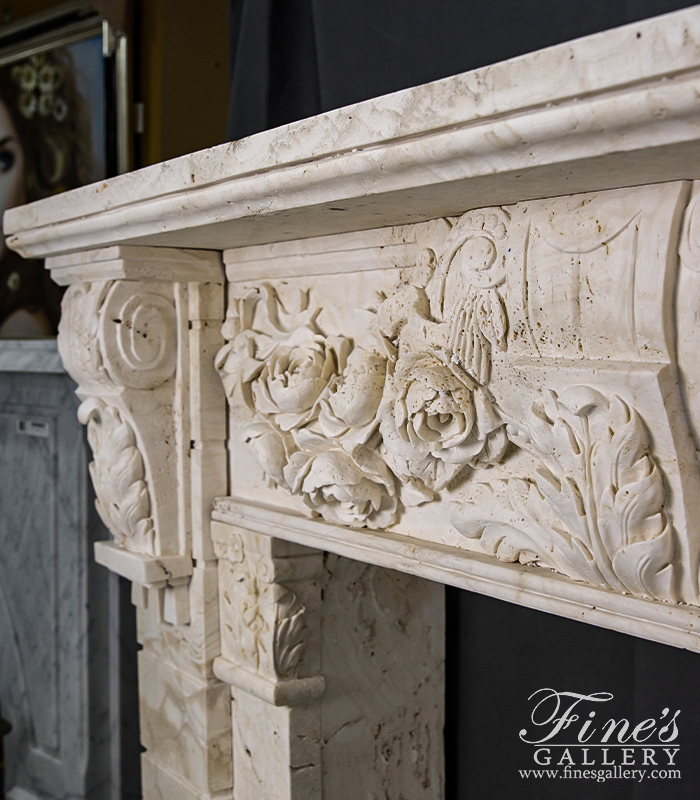 Marble Fireplaces  - Rose Garland Mantel With Deep Relief Work In Italian Ivory Travertine - MFP-2538