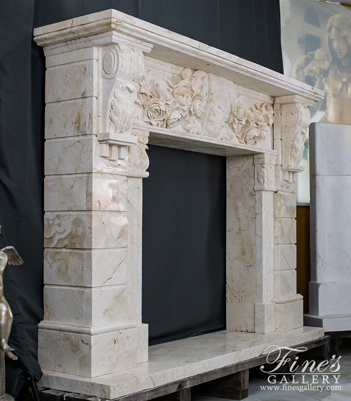 Marble Fireplaces  - Rose Garland Mantel With Deep Relief Work In Italian Ivory Travertine - MFP-2538