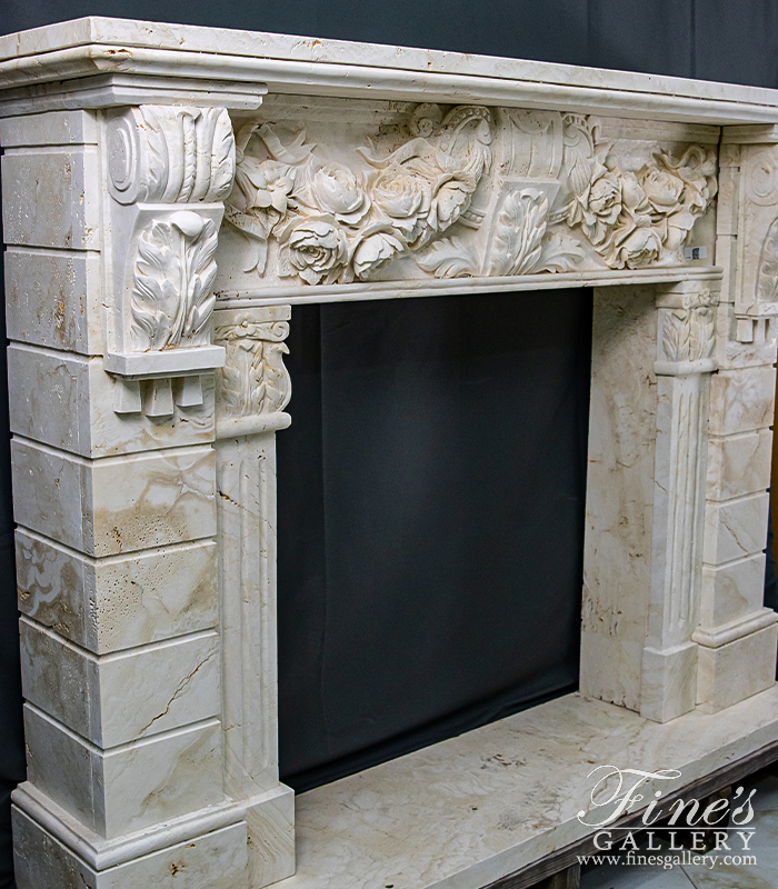 Marble Fireplaces  - Rose Garland Mantel With Deep Relief Work In Italian Ivory Travertine - MFP-2538