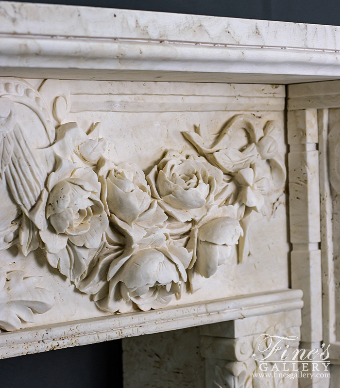 Marble Fireplaces  - Rose Garland Mantel With Deep Relief Work In Italian Ivory Travertine - MFP-2538