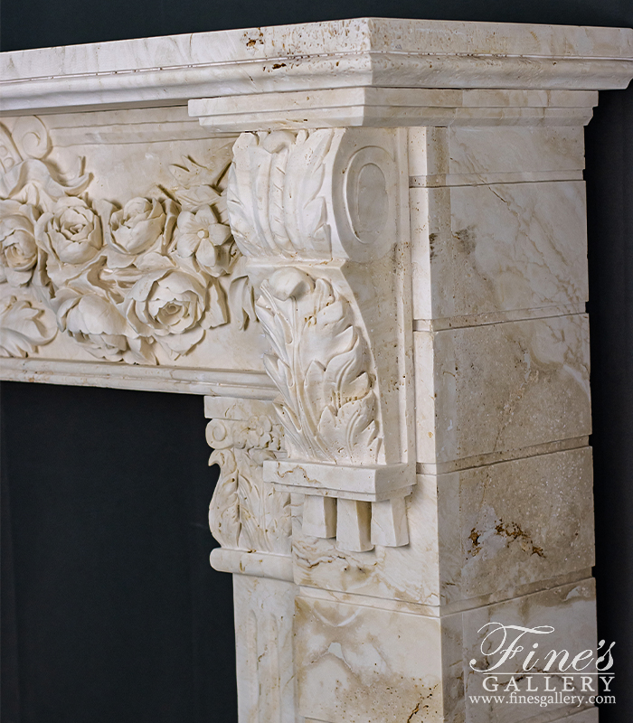 Marble Fireplaces  - Rose Garland Mantel With Deep Relief Work In Italian Ivory Travertine - MFP-2538