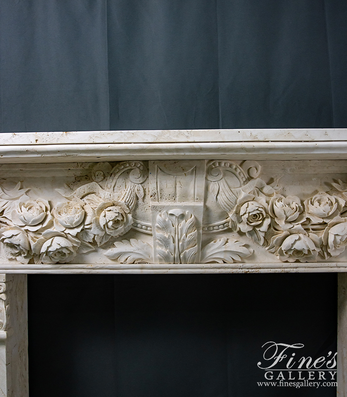 Marble Fireplaces  - Rose Garland Mantel With Deep Relief Work In Italian Ivory Travertine - MFP-2538