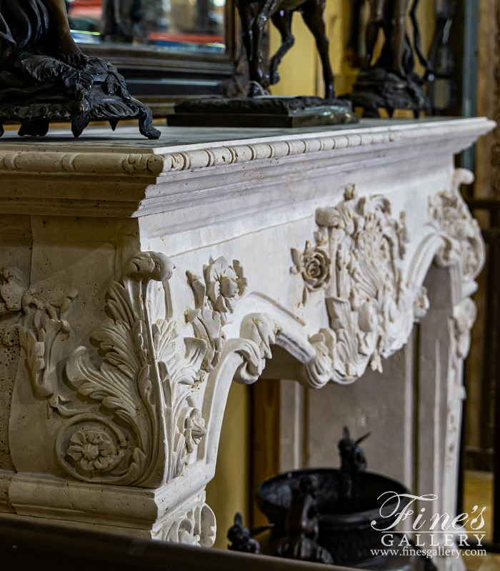 Marble Fireplaces  - Rare Ornately Carved Mantel In Italian Roman Travertine - MFP-2583
