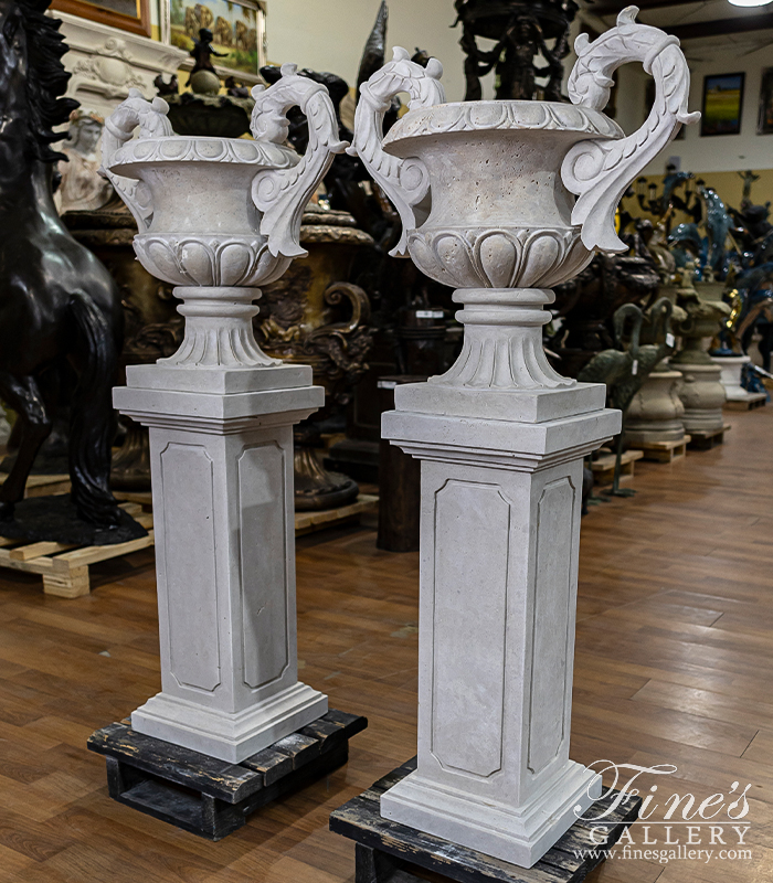 Marble Planters  - Light Travertine Planter Pair With Pedestals - MP-529