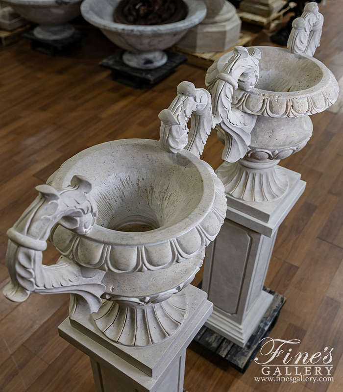 Marble Planters  - Light Travertine Planter Pair With Pedestals - MP-529