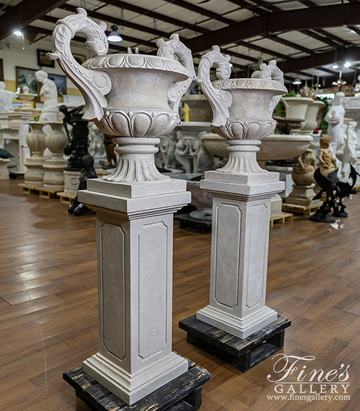 Marble Planters  - Light Travertine Planter Pair With Pedestals - MP-529