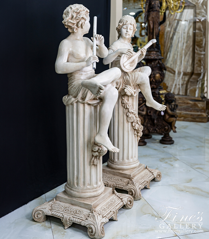 Marble Statues  - Cast Marble Child Flutist And Mandolin Player Pair - MS-1267