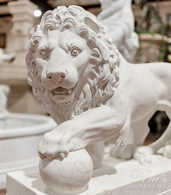 Marble Statues  - Italian Perlino Marble Lion Pair - MS-1334