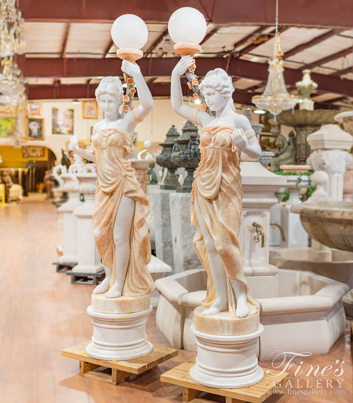 Marble Statues  - Figural Female Marble Lamp Post Pair - MS-1383