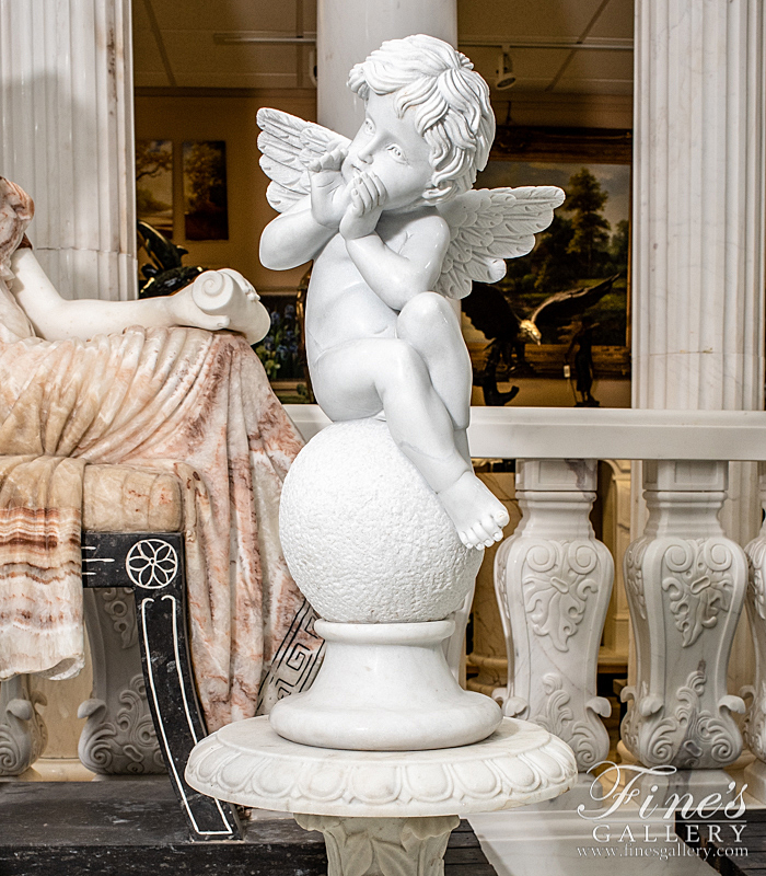 Marble Statues  - Pristine Statuary White Marble Cherub Pair - MS-1412
