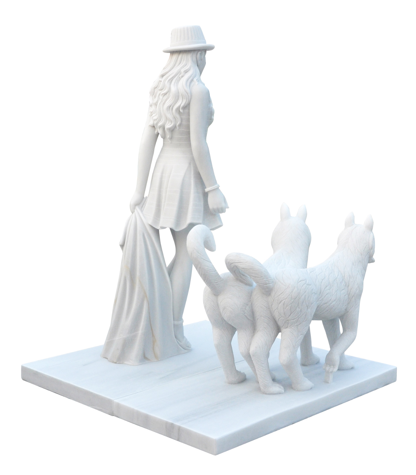 Marble Statues  - Stylish Young Woman Walking Dogs - MS-1445