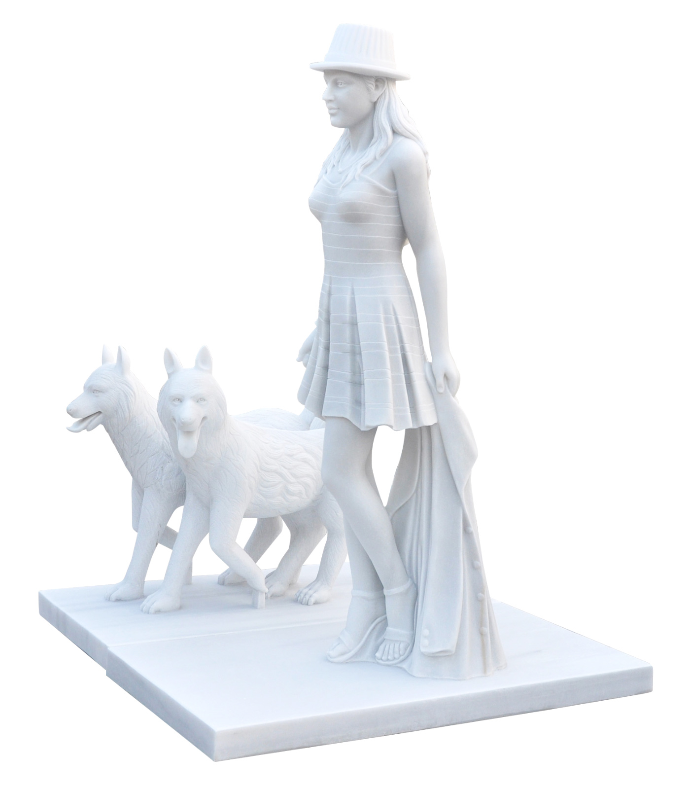 Marble Statues  - Stylish Young Woman Walking Dogs - MS-1445