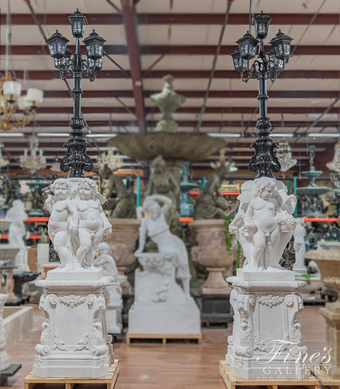 Marble Statues  - 138 Inch Statuary Cherubim Lamp Post Pair - MS-1489