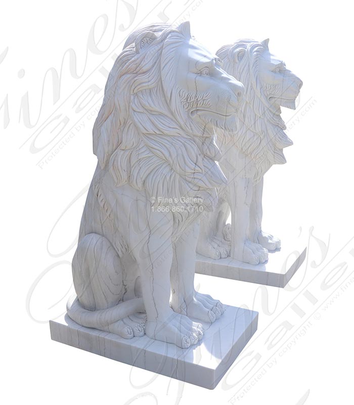 Marble Statues  - Seated Marble Lion Pair In Classic White Marble - MS-1513
