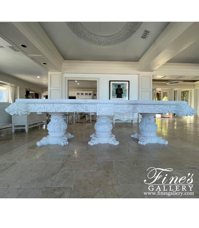 Marble Tables  - Ornate Lion Head Themed Dining Table In Statuary White Marble - MT-279