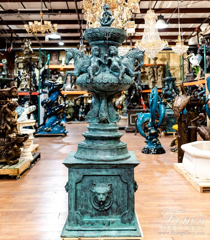 Rare Patina Horse, Lion, Cherub Themed Bronze Fountain