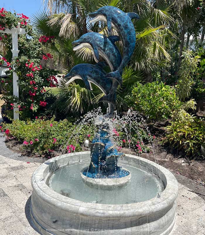 Three Dolphins on a Wave Bronze Fountain