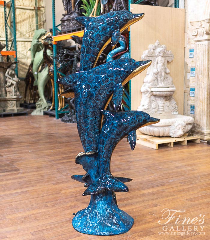 Three Dolphins Bronze Fountain in Dazzling Blue Enamel