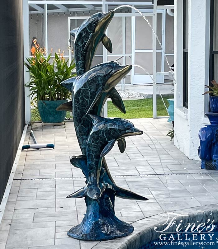Three Dolphins Bronze Fountain in Dazzling Blue Enamel