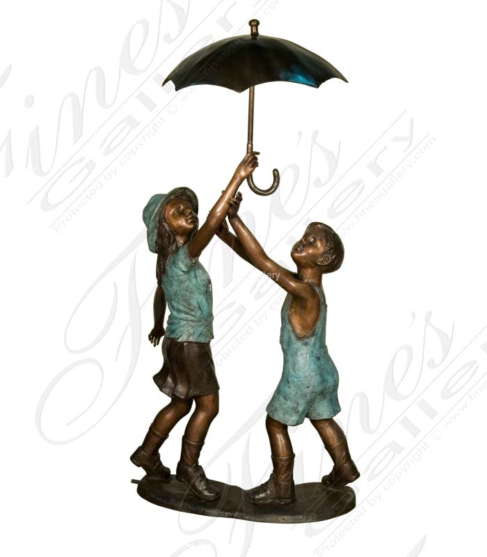 Bronze Kids with Umbrella Fountain